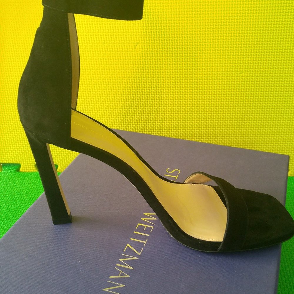 Stuart Weitzman 100 square nudist Black luxe Suede Sandal Heels size M9.5